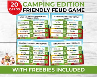 Camping Friendly Feud Game for Campers & Families – Printable Campfire Game with Free Charades Cards and Photo Booth Props