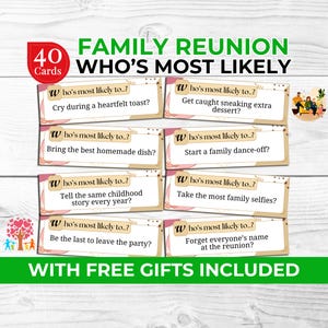 Reunión familiar: ¿Quién es más probable que participe? / Actividad divertida para reuniones familiares / Juego imprimible + Tarjetas de oración y accesorios fotográficos gratis