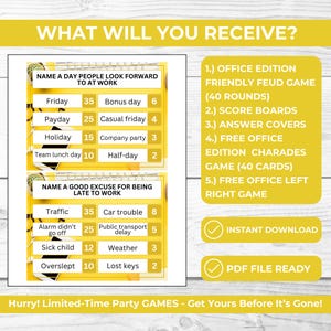 Office Party Friendly Feud Game Bundle for Coworkers | Funny Team Building Trivia for Work Events + Free Office Charades & Left Right Game