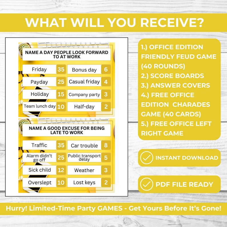 Office Party Friendly Feud Game Bundle for Coworkers | Funny Team Building Trivia for Work Events + Free Office Charades & Left Right Game
