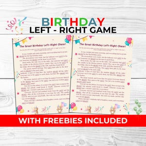 Verjaardag Links Rechts Spel voor kinderfeestje | Leuke afdrukbare game Pass the Gift + gratis kaarten voor verjaardagsgrappen en rekwisieten voor fotohokje