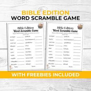 May include: Two Bible Edition Word Scramble Game sheets with fill-in-the-blank word puzzles. The sheets have a light beige background with the text "Bible Edition Word Scramble Game" at the top. The phrase "WITH FREEBIES INCLUDED" is at the bottom.