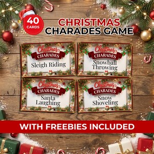 May include: A Christmas Charades game set featuring 40 cards with festive red and green borders. The cards display the text Christmas Charades and specific activity prompts including Sleigh Riding, Snowball Throwing, Santa Laughing, and Snow Shoveling.