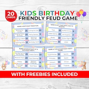 Birthday Friendly Feud Game Printable - Fun Birthday Party Game for Adults & Kids, with Free Photo Booth Props and Kids Coloring Activity