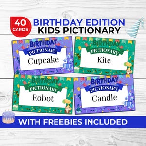 Juego de Pictionary de cumpleaños para niños, juego imprimible para fiestas de cumpleaños de niños y niñas, divertida actividad grupal, charadas gratis y accesorios para fotomatón.