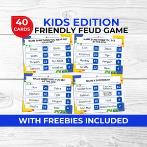 Op de afbeelding: Een Friendly Feud-spel voor kinderen met 40 kaarten. Het spel bevat categorieën als "Noem iets dat je aan je voeten draagt" en "Noem een superheld". Het spel bevat de tekst "Met gratis goodies inbegrepen".
