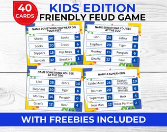 Kid Friendly Feud Game for Family Parties & Cookouts + Free Charades Cards and Left Right Story Game | Printable Kids Party Game Bundle