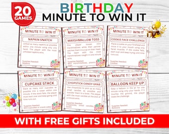 Minute to Win It Birthday Party Games Printable | Fun Challenges for Kids, Teens & Adults | Free Birthday Trivia Cards and Photo Booth Props