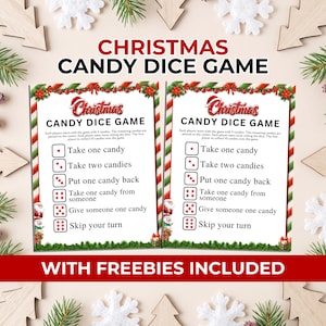 May include: Two identical Christmas Candy Dice Game instruction sheets featuring red and green candy cane borders, Santa Claus, and reindeer graphics. The text lists rules for dice rolls, including instructions like Take one candy and Skip your turn.