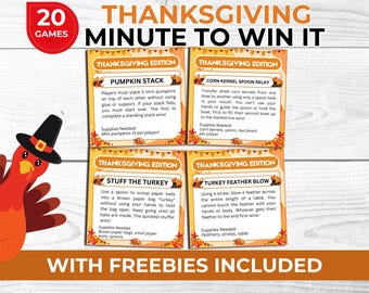 Jeux à gagner La minute de Thanksgiving à imprimer pour les enfants, les adultes et les familles - Lot de jeux de société amusants + cartes de charades et accessoires pour photomaton gratuits