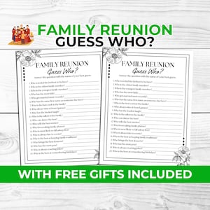 Juego imprimible "Adivina quién" para la reunión familiar: actividad para reuniones familiares para niños y adultos + Charadas y accesorios para fotomatón gratis.