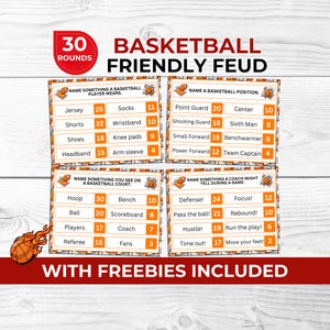 Basketball Friendly Feud Game Printable for Sports Lovers, Teams & Family Game Nights Fun Trivia with Charades Cards and Fill in the Blanks