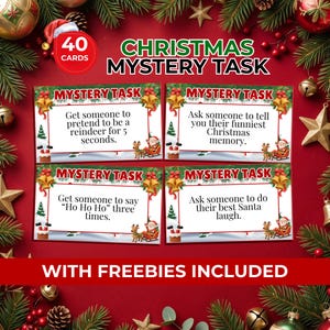 May include: A set of 40 Christmas Mystery Task cards featuring festive borders with bells, reindeer, and Santa in a sleigh. Each card displays a unique holiday-themed activity or prompt, such as pretending to be a reindeer or sharing a funny memory.