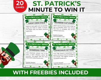 Utskrivbara spel för barn, tonåringar och vuxna med "Minute to Win It" på St. Patricks dag | Klassrums- och familjespel med charader och fotoboksrekvisita