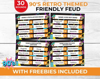 90s Retro Friendly Feud Game Printable for Teens & Adults Throwback Party Game for Sleepovers Retro Nights with Charades and Left Right Game