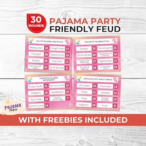 Pajama Party Friendly Feud Game Printable for Teens & Friends | Sleepover Trivia Game Night Activity with Freebies