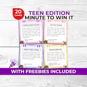 Puede incluir: Un juego titulado "Teen Edition Minute to Win It" con cuatro tarjetas de juego: Cookie Stack Attack, Cup Flip Chaos, Penny Panic Tower y Paper Plane Fail. El juego incluye regalos.