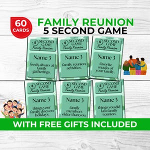 May include: A set of 60 green and white cards for a family reunion 5 second game. The cards have the text "5 Second Game Family Reunion" and "Name 3" followed by a prompt for a family reunion game.