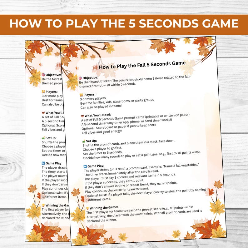 Printable Fall 5 Seconds Game for Kids & Adults | Autumn Party Game ...