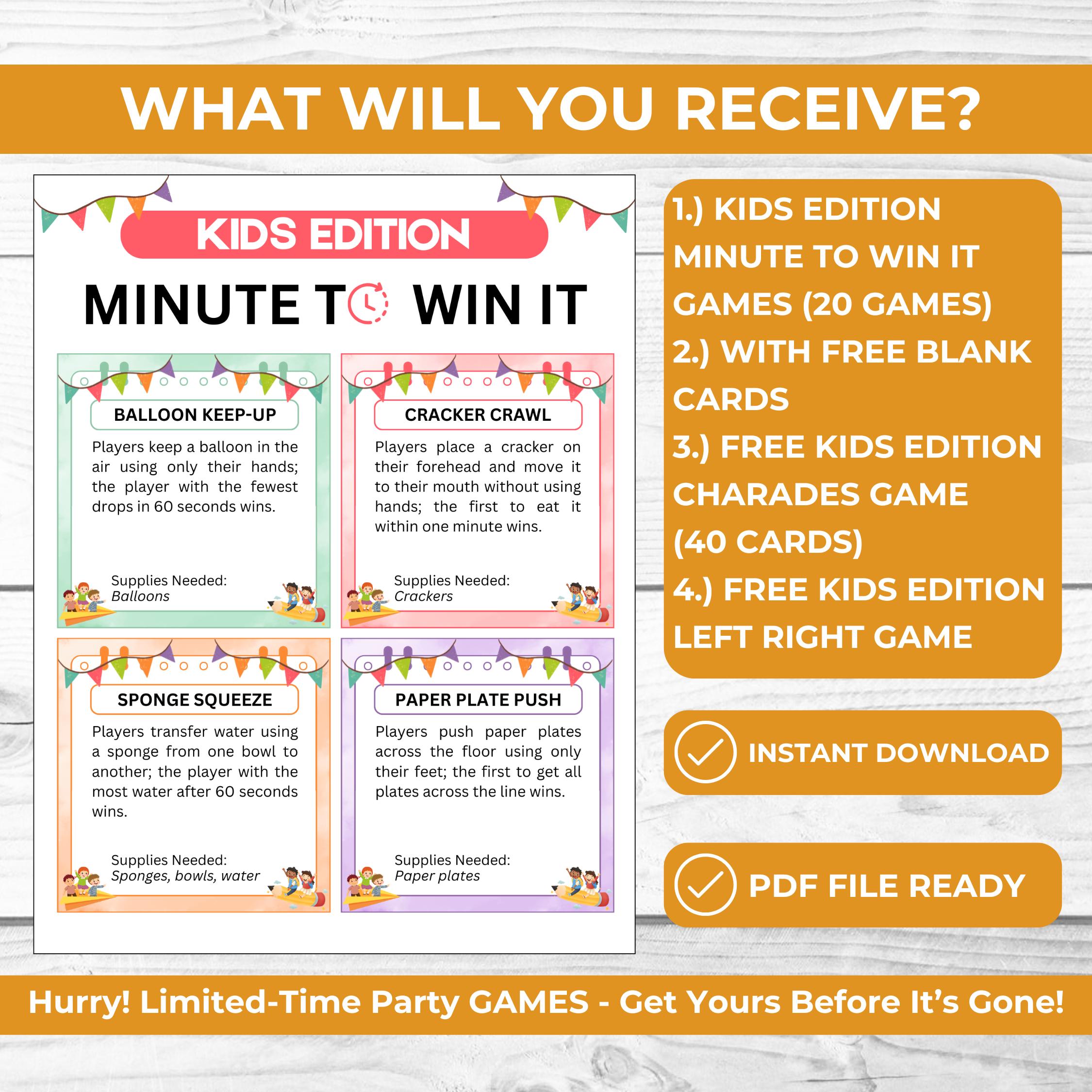 Kids Minute to Win It Games Printable for Parties & Classrooms | One ...