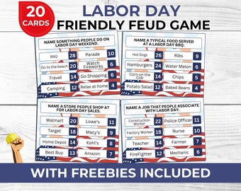 Labor Day Feud Game for Adults | Office Party Game for Coworkers & Families | Free Labor Day Charades Cards and Photo Booth Props