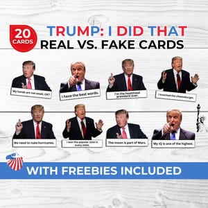Tarjetas de juego de trivia "Trump I Did That", juego de cartas político divertido e imprimible para todas las edades, fiesta del 4 de julio + marcadores y accesorios para fotomatón gratuitos