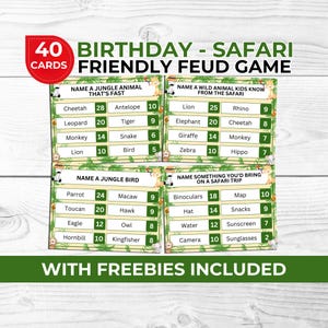 Verjaardag vete spel afdrukbaar safari thema voor kinderen verjaardagsfeestje, jungle dieren familiespel met gratis charades-kaarten en links rechts verhaal