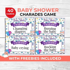 Afdrukbaar babyshowercharadespel voor moeders en gastheren | Leuk babyshowerspel met gratis spel links en rechts en rekwisieten voor fotohokje