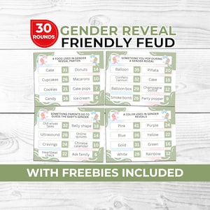 Pode incluir: Um jogo Gender Reveal Friendly Feud com 30 rodadas. O jogo inclui categorias como "Um alimento usado em festas de revelação de gênero" e "Algo que você estoura durante uma revelação de gênero". O jogo também inclui o texto "Com brindes incluídos".