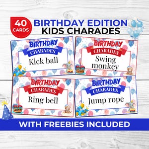 Juego de charadas de cumpleaños para fiestas infantiles / Imprimible divertido para niños / Incluye concurso de cumpleaños y accesorios para fotomatón gratis.
