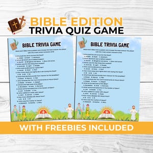 Bible Trivia Game for Kids & Adults Faith-Based Printable Quiz for Sunday School Youth Groups Free Scavenger Hunt and Photo Booth Props