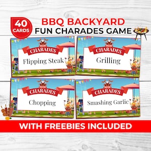 Barbecue Backyard Charades Game for Families & Adults with Free BBQ Left Right Game and Photo Booth Props – Summer Party Printable Fun