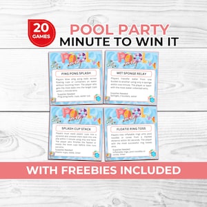 May include: A set of four game cards for a pool party, with instructions for Ping Pong Splash, Wet Sponge Relay, Splash Cup Stack, and Floatie Ring Toss. The cards are decorated with colorful graphics and the words "Pool Party Minute to Win It."