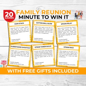 May include: A set of 20 yellow and orange cards with instructions for family reunion games. Each card has a title, a description of the game, and a list of supplies needed. The games include Coin Stack, Cotton Ball Blow, Spoon Relay, Rubber Band Shootout, Straw Tower Build, and Straw Race.