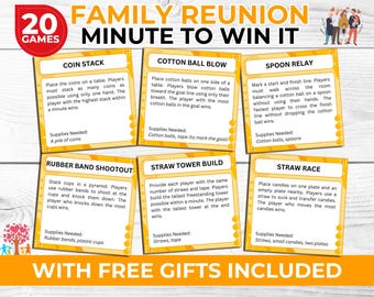 Family Reunion Minute to Win It Games Bundle | Fun Challenges for All Ages | Free Bingo Game Cards & Photo Booth Props Included