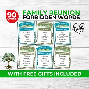Juego de palabras prohibidas para reuniones familiares: divertido rompehielos para familias numerosas, juego imprimible para fiestas, bingo gratuito para reuniones familiares y accesorios para fotomatón.