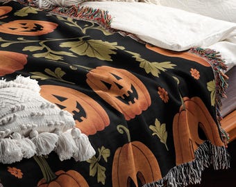Cottagecore Pumpkin Halloween Blanket Cute Halloween Decor Woven Throw Blanket Cute Fall Decor Spooky Season Gift Tapestry Fall Blanket