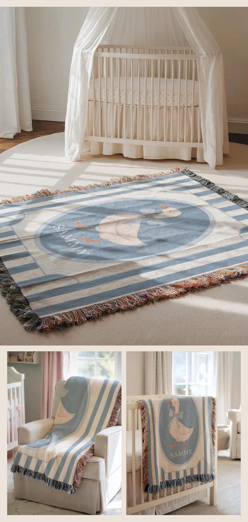 May include: A woven throw blanket featuring a blue and white striped pattern with a central oval graphic of a goose wearing a blue bow. The name SAMMY is printed in white text below the goose. The blanket has a fringed edge with multi-colored threads.
