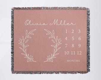 Monthly Milestone Blanket Baby Growth Chart Month Tracker Newborn Name Blanket Gift for New Mom Personalized Baby Woven Throw Blanket