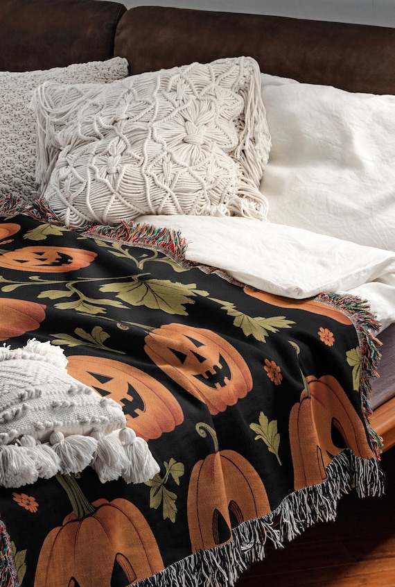Cottagecore Pumpkin Halloween Blanket Cute Halloween Decor Woven Throw Blanket Cute Fall Decor Spooky Season Gift Tapestry Fall Blanket