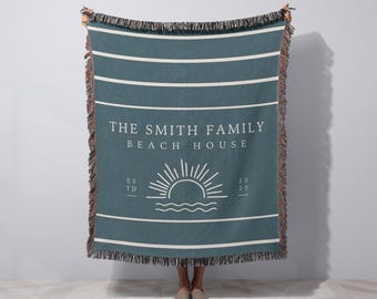 Beach House Decor Personalized Blanket Beach House Gift for Couples Custom Beach House Woven Throw Blanket Realtor Closing Gift Housewarming