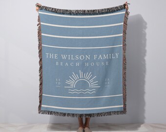 Beach House Decor Personalized Blanket Beach House Gift for Couples Custom Beach House Woven Throw Blanket Realtor Closing Gift Housewarming