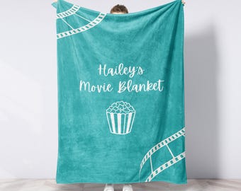 Home Theater Family Blanket Personalized Kids Name Throw Sherpa Blanket Gift for Families, Movie Lover Gift for Family Movie Night