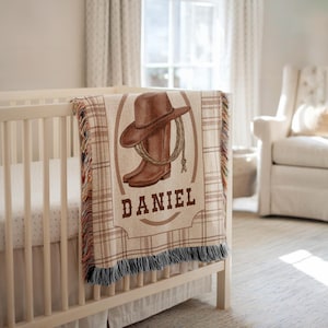 Gepersonaliseerde cowboybabydeken met naam Custom Western-babycadeau voor baby Keepsake Boy Western-deken Aangepast kinderkamertapijt