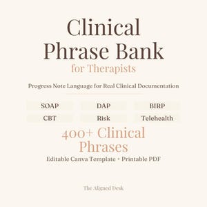 May include: A digital document titled Clinical Phrase Bank for Therapists, featuring Progress Note Language for Real Clinical Documentation. It lists categories including SOAP, DAP, BIRP, CBT, Risk, and Telehealth, with 400+ Clinical Phrases, an editable Canva template, a printable PDF, and the text The Aligned Desk.