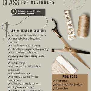 Op de afbeelding: Homeschool Naailes voor Beginners grafisch. Bevat een lijst met naaivaardigheden en projecten. Voorzien van een meetlint, schaar en garenspoelen. De les is 1 dag per week gedurende 2 uur, over 7 weken.