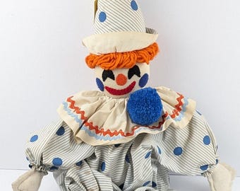 Vintage Cloth Clown Doll – Blue Polka Dots – 20” Handmade – Cincinnati Hospital