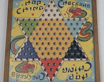 Vintage Pressman Chinese Checkers Board Game for Play or Decor, Wood Frame 16x16