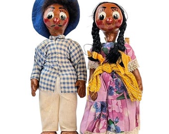 Vintage Mexican Folk Art Dolls – 1950s Oil Cloth Couple with Cradleboard