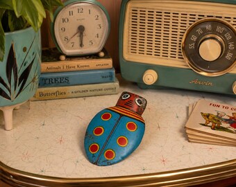 Vintage Tin Litho Ladybug Clicker Toy Japan Metal Noisemaker Bug Folk Toy